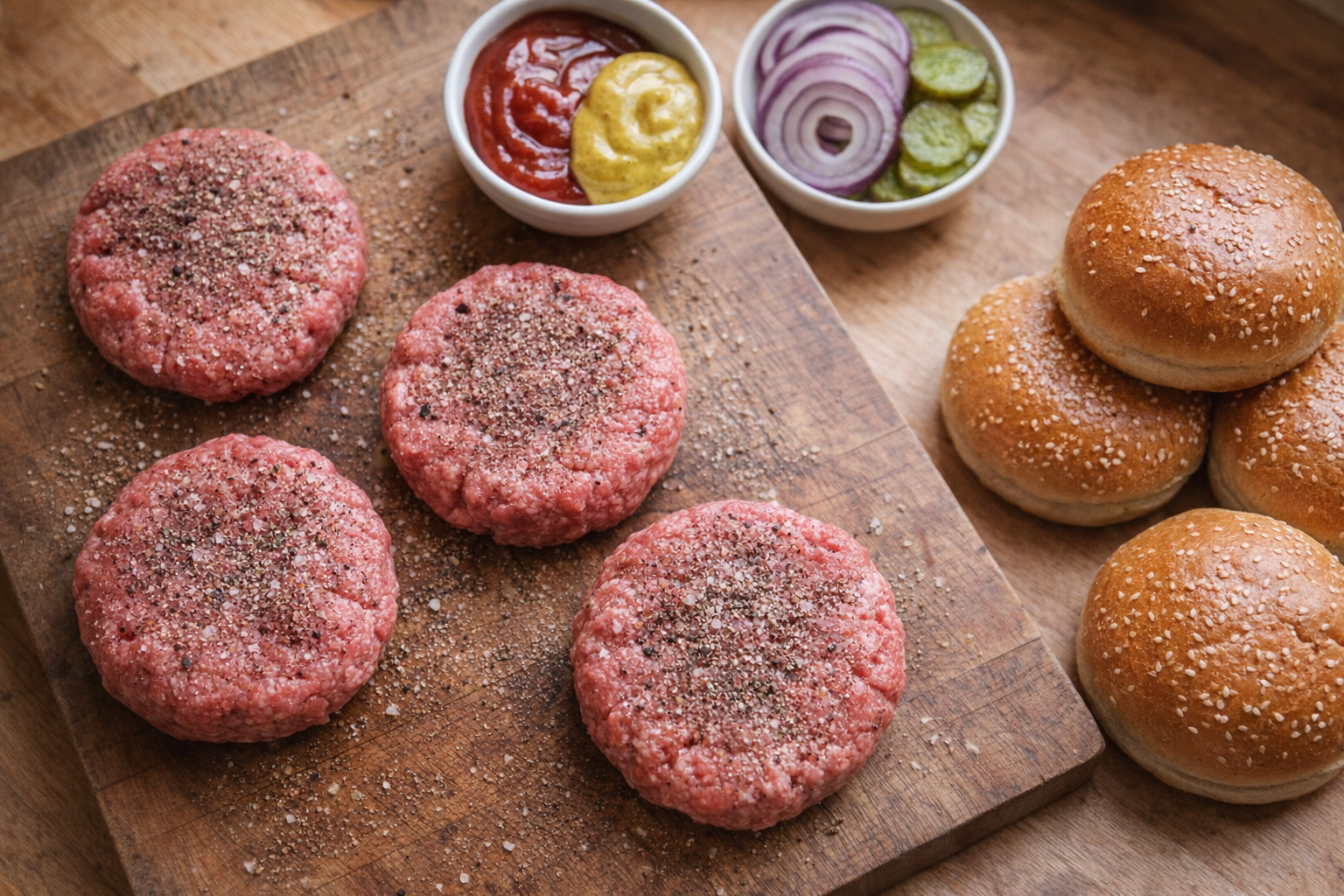 An overhead shot of raw hamburger patties, seasoned with salt and pepper, sitting on a wooden cutting board next to a bowl of condiments and burger buns